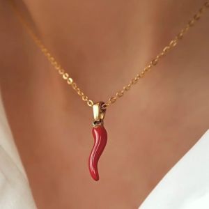 Collier en corne de piment rouge pour femmes, réglable, porte-bonheur, plante, pendentif, ensemble