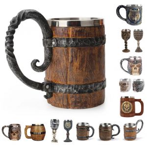 Tasse à Bière en Bois de Style Viking, Simulation de Baril en Bois, à Double Paroi, Isolée en Métal,
