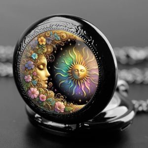 Montre de poche à Quartz déesse soleil et lune, avec chaîne, collier, pendentif à Quartz Vintage,