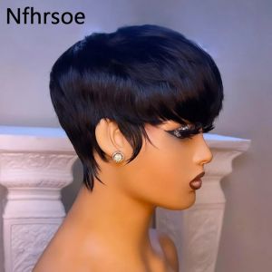 Perruque Bob courte et lisse, coupe Pixie, cheveux naturels avec frange, cheveux vierges brésiliens,