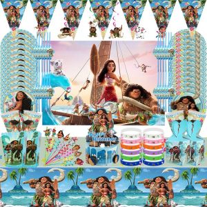 Ensemble de Décoration de ixà Thème Moana 2, Assiettes Concentriques Vaiana, Pailles de Fond