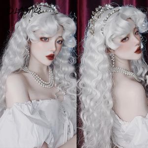 Perruque synthétique longue bouclée ondulée avec frange, perruque soyeuse de Cosplay colorée blanche
