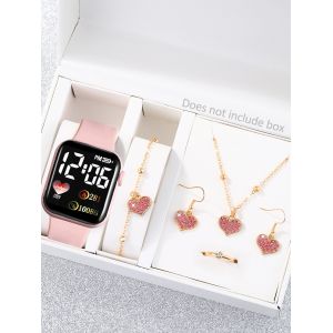 Montre numérique de sport rectangulaire simple en silicone pour femmes, rose, avec cœur, ensemble de