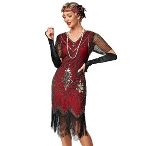 Robes à clapet pour femmes, robe de Cocktail Gatsby à paillettes, Art déco, avec manches, col en v,