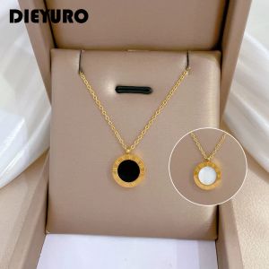 DIEYURO 316L acier inoxydable 2 couleurs chiffre romain cadran pendentif collier pour femmes