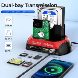 Station de disque dur double baie 10 en 1, USB3.0, 5Gbps, avec adaptateur d'alimentation 12V 3A,