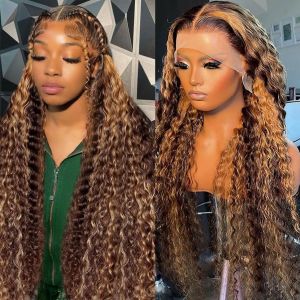 Mettre en évidence la couleur 13x6 hd dentelle frontale cheveux humains vague profonde perruque pour