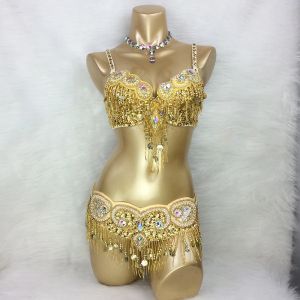 Costume de danse du ventre perl&eacute; fait &agrave; la main, soutien-gorge + ceinture, ensemble de 2 pi&egrave;ces,