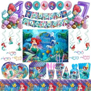 Ballons d'anniversaire Disney La Petite Sirène Princesse Ariel, assiettes en papier, serviettes,