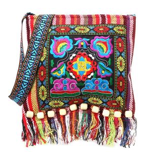 Sac &agrave; bandouli&egrave;re brod&eacute; de style ethnique Boho avec d&eacute;cor de pompon pour femme