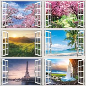 Autocollants de fausse fenêtre de paysage naturel 3D, arbre Sakura, bâtiment de plage, sparadrap