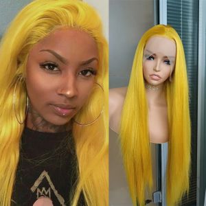 Perruque Lace Front Wig synthétique jaune gingembre, perruque Lace Wig lisse sans colle prête à