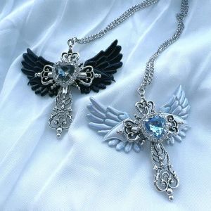 Goth &ndash; collier avec pendentif ailes et croix, accessoire Sexy, bijoux Y2K, ras du cou en cristal,