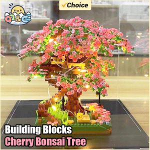 Ensemble de blocs de construction d'arbre bonsaï cerisier, briques de plantes en fleurs de Sakura