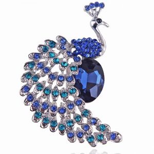 Broches paon r&eacute;tro en cristal bleu strass pour femmes, broche de costume d'oiseau, pour robe, f&ecirc;te