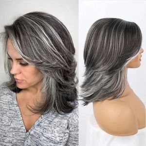 HAIRJOY – perruques synthétiques ombrées gris foncé avec frange pour femmes noires, cheveux courts à