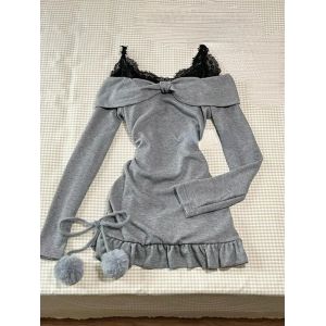 Robe Camisole noire en dentelle pour femmes, douce et Sexy, Patchwork, manches longues, Slim Fit,