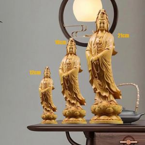 Statue de personnages d&eacute;coratifs de bouddha Guanyin en cypr&egrave;s naturel, sculpture d'art en bois