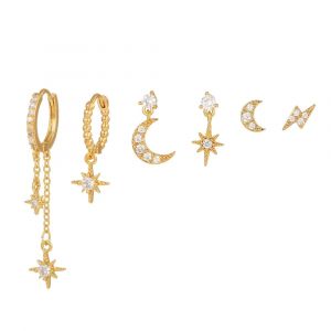 Boucle d'oreille en acier inoxydable pour femme, bijoux de piercing, pendentif &eacute;toile et lune,