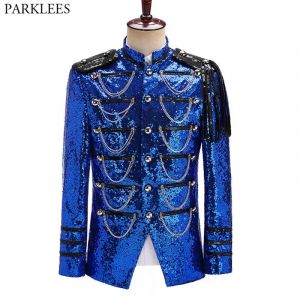 Blazer militaire orné de paillettes bleu royal pour hommes, veste de smoking imbibée, costume de