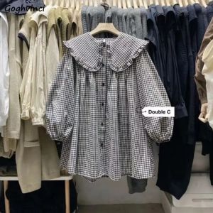 Chemise à carreaux à col claudine pour femme, volants, tout match, collège japonais, Kawaii, Swwet