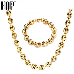 HIP Hop largeur 11MM en acier inoxydable grains de café lien chaîne collier Bracelets chaîne pour