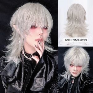 Belle perruque synthétique de couleur blanc argenté de 16 pouces avec frange, cheveux naturels