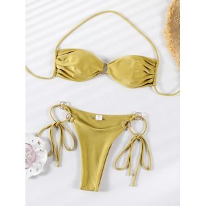 Couleur unie Bikinis Push Up maillots de bain femmes licou Bikini ensemble brillant maillot de bain