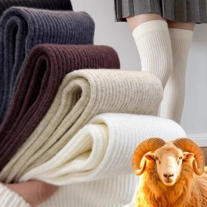 Chaussettes en laine pour femme, couleur unie, cuissardes hautes, Lolita, bas épais et chauds, noir