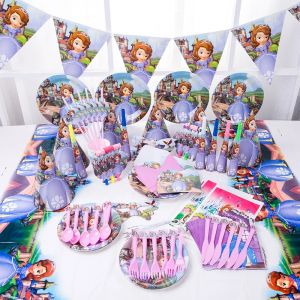 Gobelets en papier jetables Disney, dessin animé Sofia princesse, assiettes, serviettes, bannière,