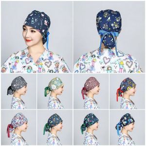 Chapeau chirurgical imprimé de fleurs de dessin animé, casquette médicale pour cheveux longs,