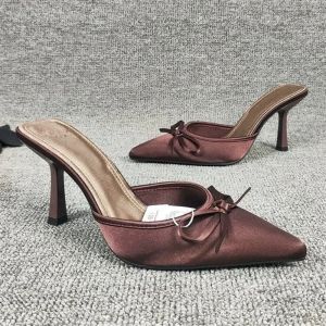 Pantoufles à talons hauts avec nœud papillon pour femmes, mules pointues, chaussures sexy, robe de