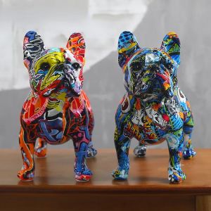 Décoration de statue en résine de bouledogue français debout coloré, artisanat de graffitis de