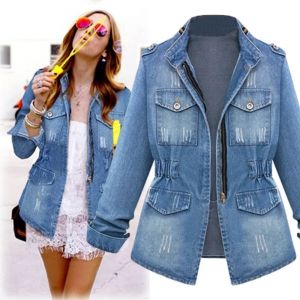 Veste en jean pour femme automne hiver Streetwear fermeture &eacute;clair taille tunique manteau en jean