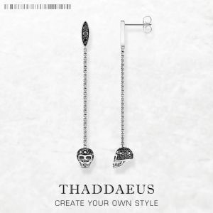 Boucle d'oreille longue tête de mort en pierre noire pour femme, argent regardé 925, bijoux fins,