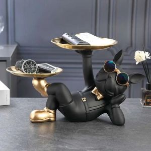 Figurines d'animaux bouledogue français nordique, plateau de Sculpture de chien Cool en résine, clé