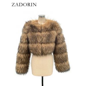 ZADORIN-Manteau court en fausse fourrure de raton laveur pour femme, col rond, manches longues,