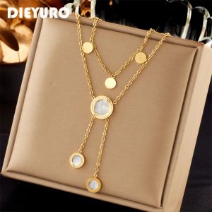 DIEYURO 316L acier inoxydable rond chiffre romain cadran Long pendentif collier pour femmes mode