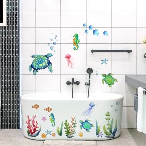 Dessin animé tortue de mer hippocampe Stickers muraux chambre d'enfants salle de bain décoration