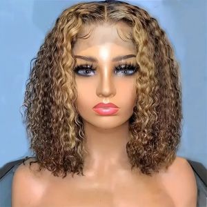 Perruque Bob Lace Front Wig Brésilienne Naturelle, Cheveux Courts et Ondulés, Brun Ombré, 13x4, à