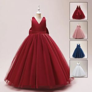 Robe longue en maille rose avec gros n&oelig;ud pour filles, robes de soir&eacute;e pour enfants, robe de