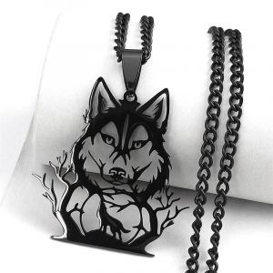 Goth pleine lune tête de loup pendentif collier femmes hommes couleur noire forêt arbre creux