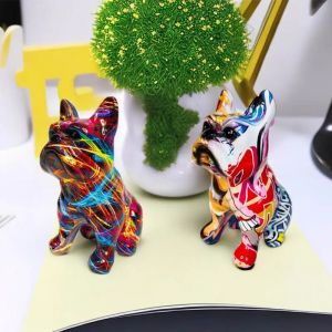 Statue de Bouledogue Français en Résine Graffiti, Ornements de Table, Animal Coloré, Chien de