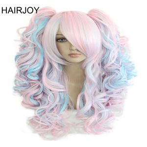 HAIRJOY femmes 70 cm de Long bleu mélangé rose ondulé tressé 2 queues de cheval synthétique fête