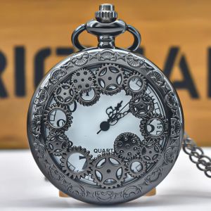 Montre de poche à Quartz sculptée à engrenage creux noir, collier pendentif, chaîne d'horloge,