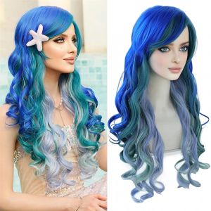HAIRJOY longue ondulée bleu vert sirène perruque bouclée Ariel petite sirène perruques Partys