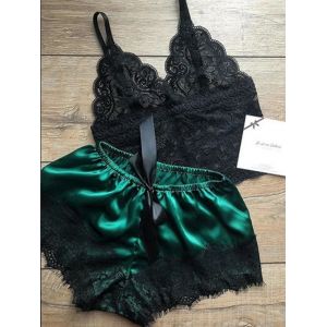 Ensemble pyjama 2 pièces pour femmes, vêtements de nuit, Lingerie Sexy, dentelle, soie, haut court
