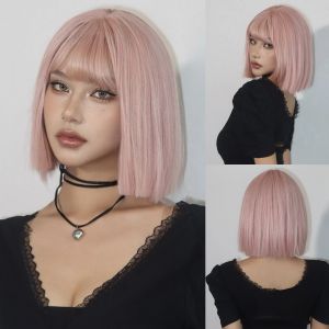 Perruques synthétiques grises et roses, coupe Bob courte, blunt, avec frange, perruque de Cosplay