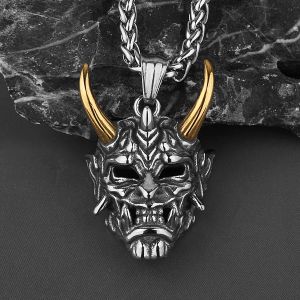 Collier avec pendentif tête de mort de démon pour hommes, masque de samouraï Vintage, couleur or
