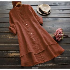 Robe chemise l&eacute;g&egrave;re en coton et lin pour femme, cardigan boutonn&eacute; transparent, manches longues,